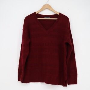 Sienna Sage Burgundy Textured Stripe V-Neck Sweater Womens Large Maroon Pullover